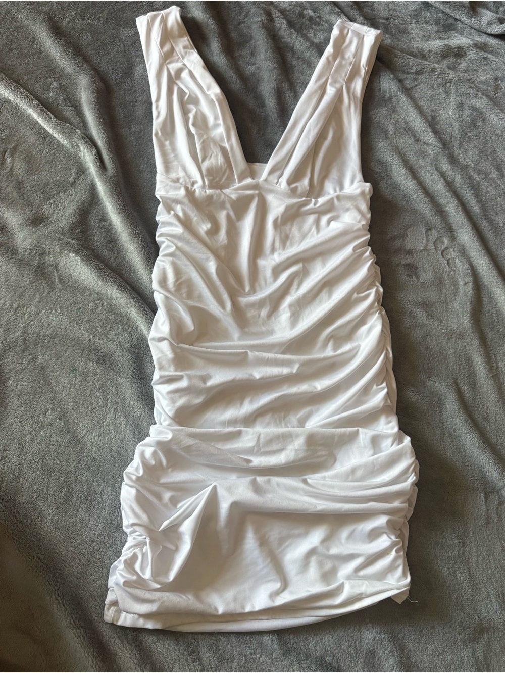 White Ruched V-Neck Women's Dress